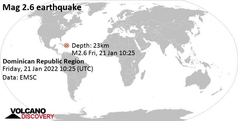 Sismo débil mag. 2.6 - North Atlantic Ocean, 217 km NNW of Santo Domingo, Nacional, Dominican Republic, viernes, 21 ene 2022 06:25 (GMT -4)