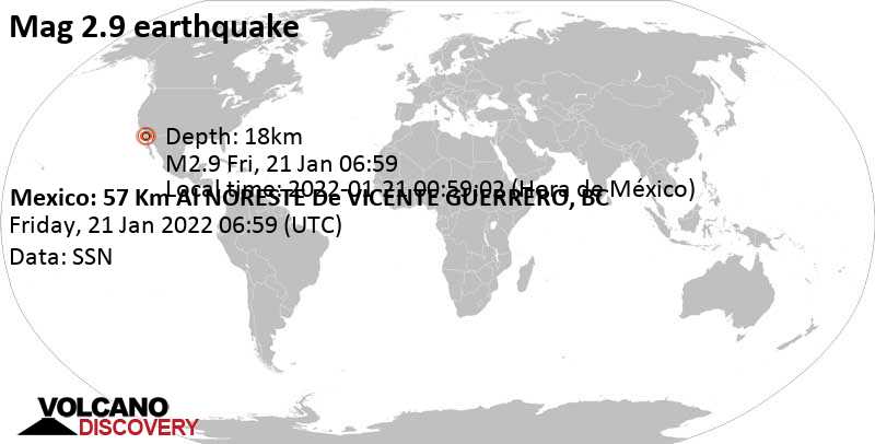Weak mag. 2.9 earthquake - Mexico: 57 Km Al NORESTE De VICENTE GUERRERO, BC, on Thursday, Jan 20, 2022 at 10:59 pm (GMT -8)