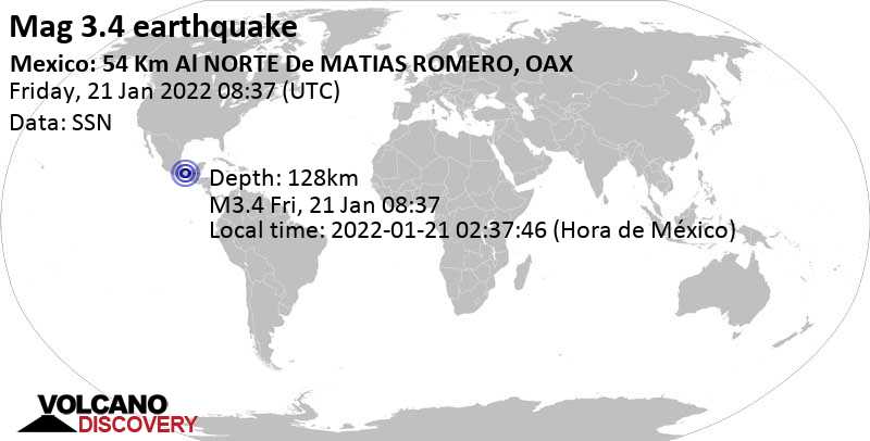 Minor mag. 3.4 earthquake - Oaxaca, Mexico, on Friday, Jan 21, 2022 at 2:37 am (GMT -6)