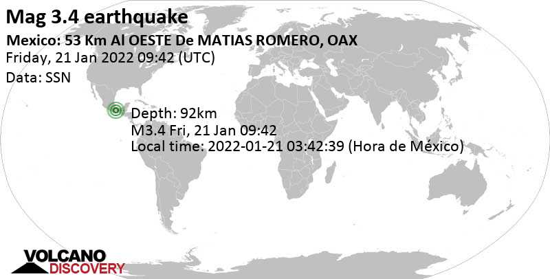 Minor mag. 3.4 earthquake - Oaxaca, Mexico, on Friday, Jan 21, 2022 at 3:42 am (GMT -6)