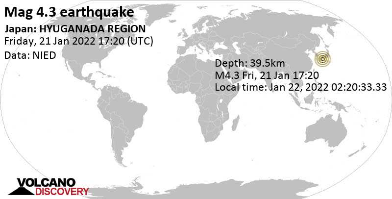 Leichtes Erdbeben der Stärke 4.3 - Philippine Sea, Japan, am Samstag, 22. Jan 2022 um 02:20 Lokalzeit