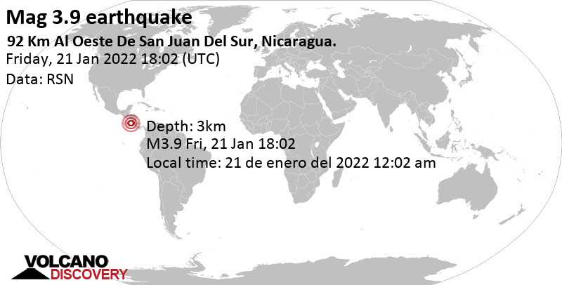 Moderates Erdbeben der Stärke 3.9 - Nordpazifik, 127 km südlich von Managua, Nicaragua, am Freitag, 21. Jan 2022 um 12:02 Lokalzeit