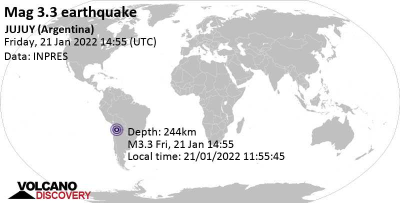 Minor mag. 3.3 earthquake - JUJUY (Argentina) on Friday, Jan 21, 2022 at 11:55 am (GMT -3)
