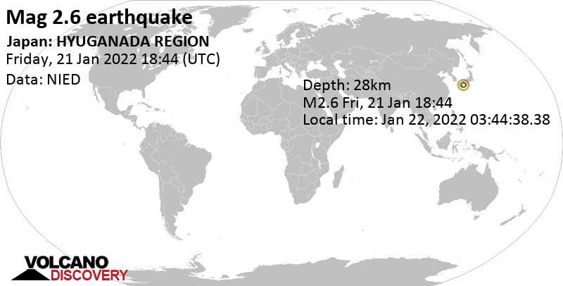 Sehr schwaches Beben Stärke 2.6 - Philippine Sea, Japan, am Samstag, 22. Jan 2022 um 03:44 Lokalzeit