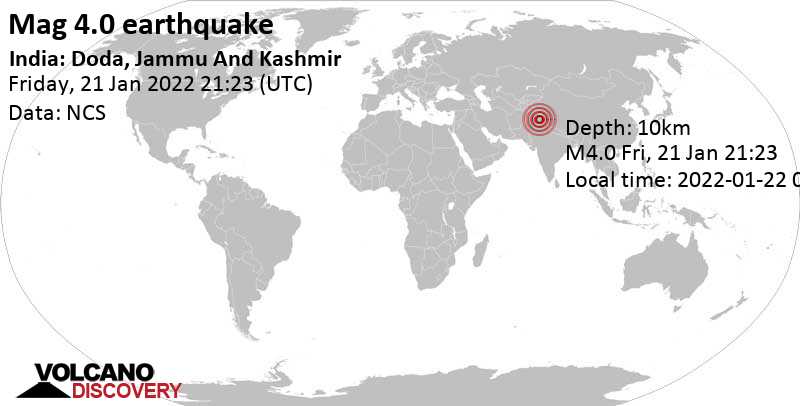 Μέτριος σεισμός μεγέθους 4.0 - 148 km νοτιοανατολικά από Σριναγκάρ, Ινδία, Σάββατο, 22 Ιαν 2022 02:53 (GMT +5:30)
