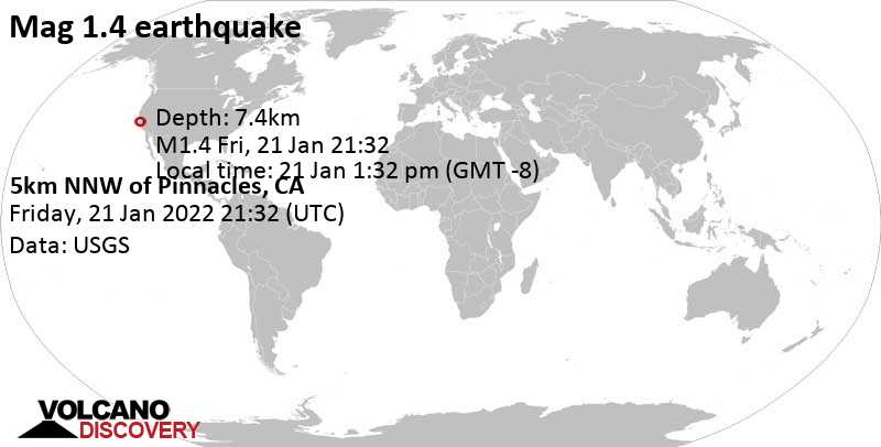 Minor mag. 1.4 earthquake - 5km NNW of Pinnacles, CA, on Friday, Jan 21, 2022 at 1:32 pm (GMT -8)