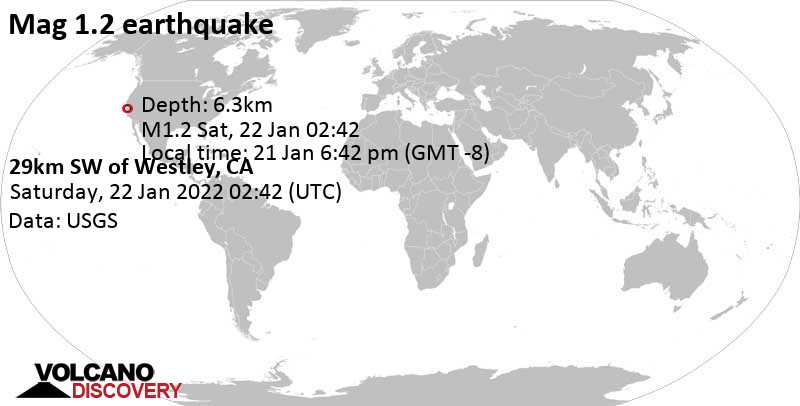 Незначительное землетрясение маг. 1.2 - 29km SW of Westley, CA, Пятница, 21 янв 2022 18:42 (GMT -8)