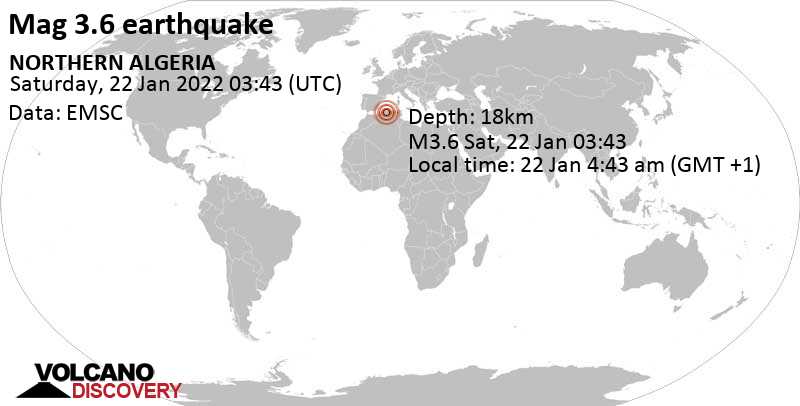 Séisme faible mag. 3.6 - Medea, 85 km au sud-est de Algiers, Alger, Algérie, samedi, 22 janv. 2022 04:43 (GMT +1)