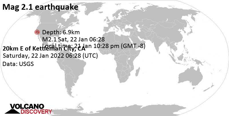 Weak mag. 2.1 earthquake - California, USA, on Friday, Jan 21, 2022 at 10:28 pm (GMT -8)