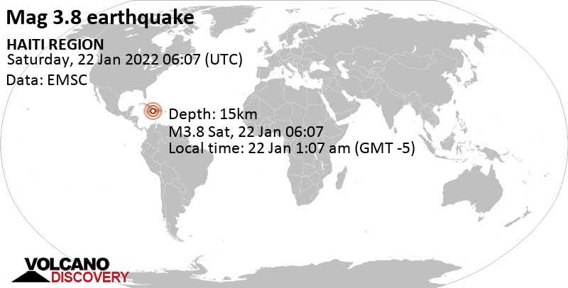 Light mag. 3.8 earthquake - Caribbean Sea, 222 km west of Port au Prince, Haiti, on Saturday, Jan 22, 2022 at 1:07 am (GMT -5)