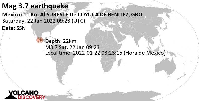 Ελαφρύς σεισμός μεγέθους 3.7 - Guerrero, 294 km νότια από Πόλη του Μεξικού, Μεξικό, Σάββατο, 22 Ιαν 2022 03:23 (GMT -6)