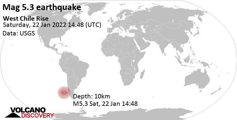 Tremblement de terre fort magnitude 5.3 - South Pacific Ocean, samedi, 22 janv. 2022 09:48 (GMT -5)