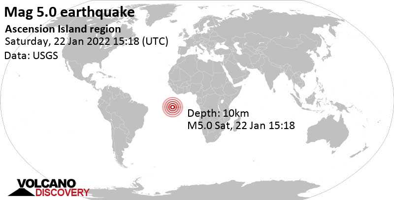 Tremblement de terre fort magnitude 5.1 - South Atlantic Ocean, Sainte-Hélène, samedi, 22 janv. 2022 14:18 (GMT -1)