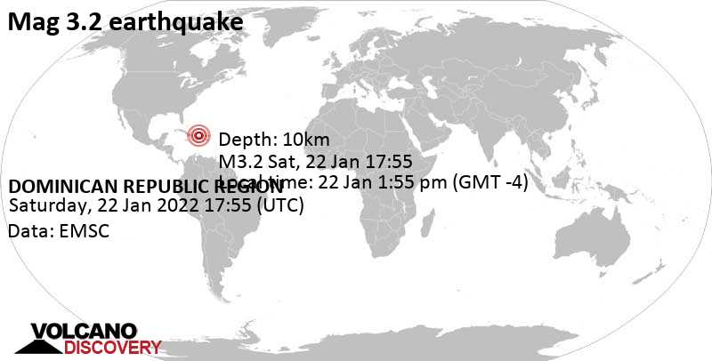 Light mag. 3.2 earthquake - North Atlantic Ocean, 219 km northwest of Santo Domingo, Dominican Republic, on Saturday, Jan 22, 2022 at 1:55 pm (GMT -4)