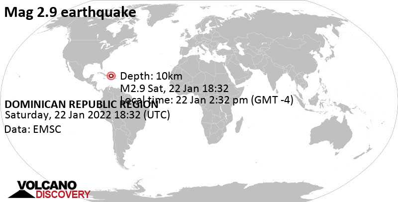 Weak mag. 2.9 earthquake - North Atlantic Ocean, 216 km northwest of Santo Domingo, Dominican Republic, on Saturday, Jan 22, 2022 at 2:32 pm (GMT -4)