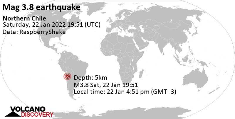 Moderate mag. 3.8 earthquake - Antofagasta, Chile, on Saturday, Jan 22, 2022 at 4:51 pm (GMT -3)