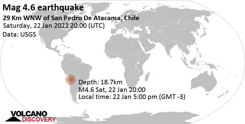 Moderate mag. 4.6 earthquake - 29 Km WNW of San Pedro De Atacama, Chile, on Saturday, Jan 22, 2022 at 5:00 pm (GMT -3)