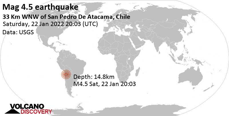 Moderate mag. 4.5 earthquake - 33 Km WNW of San Pedro De Atacama, Chile, on Saturday, Jan 22, 2022 at 5:03 pm (GMT -3)
