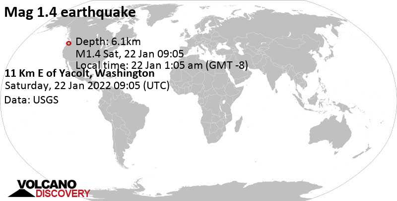 Minor mag. 1.4 earthquake - 11 Km E of Yacolt, Washington, on Saturday, Jan 22, 2022 at 1:05 am (GMT -8)