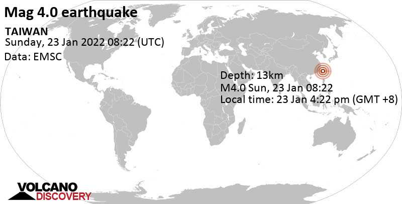 Μέτριος σεισμός μεγέθους 4.0 - Philippine Sea, 77 km νοτιοανατολικά από Ταϊπέι, Ταϊβάν, Κυριακή, 23 Ιαν 2022 16:22 (GMT +8)