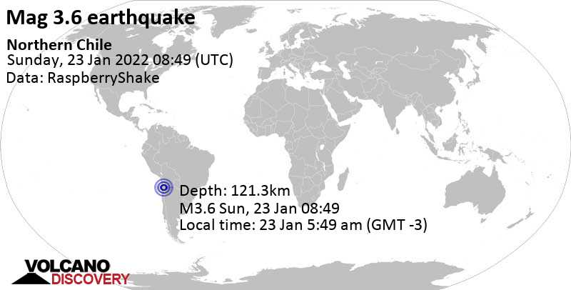 Minor mag. 3.6 earthquake - Antofagasta, Chile, on Sunday, Jan 23, 2022 at 5:49 am (GMT -3)