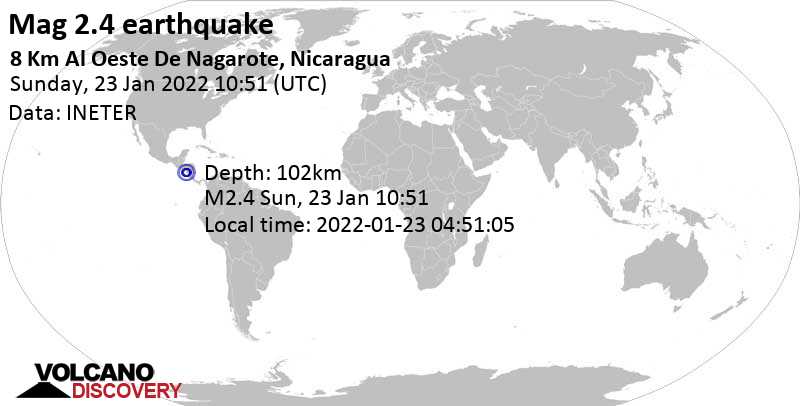 Sehr schwaches Beben Stärke 2.4 - Nordpazifik, 64 km westlich von Managua, Nicaragua, am Sonntag, 23. Jan 2022 um 04:51 Lokalzeit