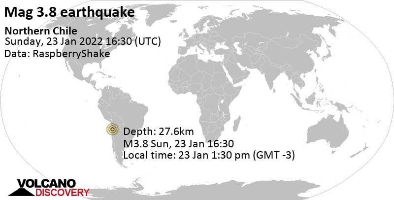 Light mag. 3.8 earthquake - Antofagasta, Chile, on Sunday, Jan 23, 2022 at 1:30 pm (GMT -3)