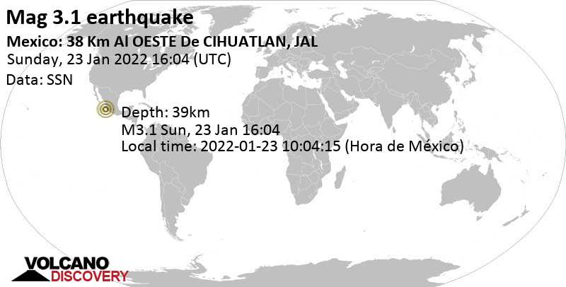 Weak mag. 3.1 earthquake - North Pacific Ocean, Mexico, on Sunday, Jan 23, 2022 at 10:04 am (GMT -6)