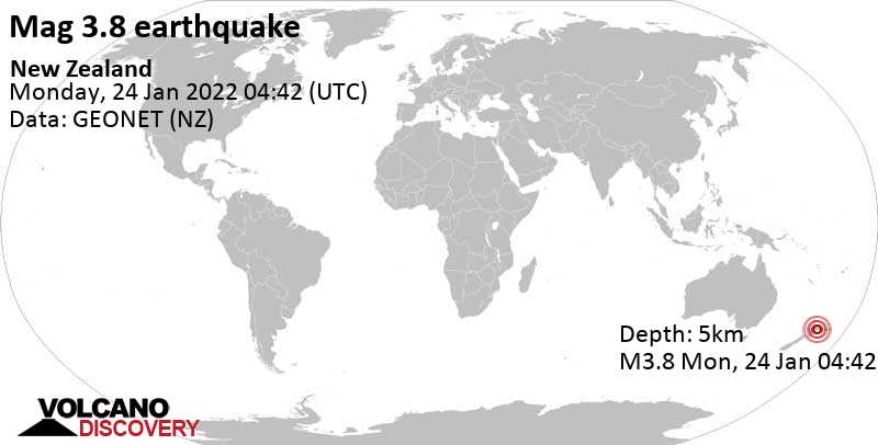 Moderates Erdbeben der Stärke 3.8 - Bay of Plenty, Neuseeland, am Montag, 24. Jan 2022 um 17:42 Lokalzeit