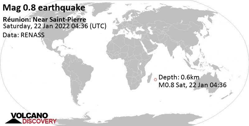 Minor mag. 0.8 earthquake - Réunion: Near Saint-Pierre on Saturday, January 22, 2022 at 04:36 GMT