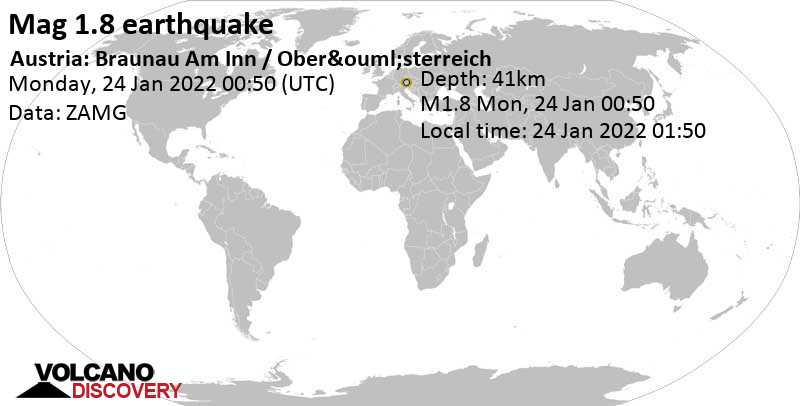 Sehr schwaches Beben Stärke 1.8 - 90 km westlich von Linz, Oberösterreich, Österreich, am Montag, 24. Jan 2022 um 01:50 Lokalzeit