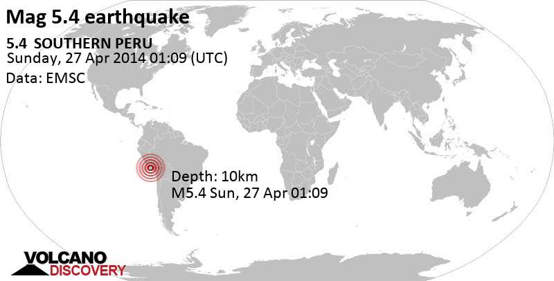 Strong mag. 5.4 earthquake - 11 km southeast of Cahuacho, Provincia de Caraveli, Arequipa, Peru, on Sunday, April 27, 2014 at 01:09 GMT