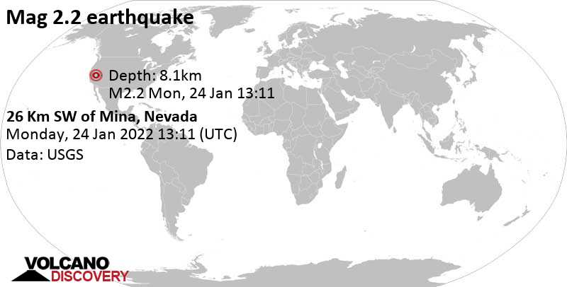 Weak mag. 2.2 earthquake - 26 Km SW of Mina, Nevada, on Monday, Jan 24, 2022 at 5:11 am (GMT -8)