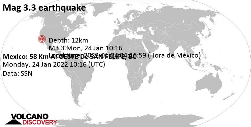 Light mag. 3.3 earthquake - Mexico: 58 Km Al OESTE De SAN FELIPE, BC, on Monday, Jan 24, 2022 at 2:16 am (GMT -8)