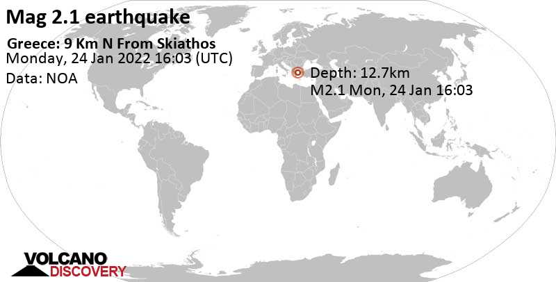 Minor mag. 2.1 earthquake - Aegean Sea, 142 km north of Athens, Nomarchia Athinas, Attica, Greece, on Monday, Jan 24, 2022 at 6:03 pm (GMT +2)