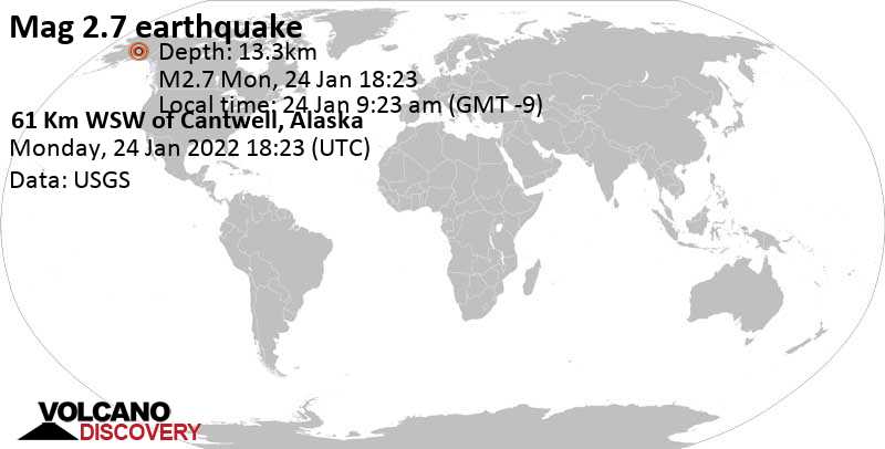 Weak mag. 2.7 earthquake - Alaska, USA, on Monday, Jan 24, 2022 at 9:23 am (GMT -9)