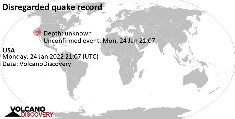 Reported seismic-like event (likely no quake): California, USA, Monday, Jan 24, 2022 at 1:07 pm (GMT -8)