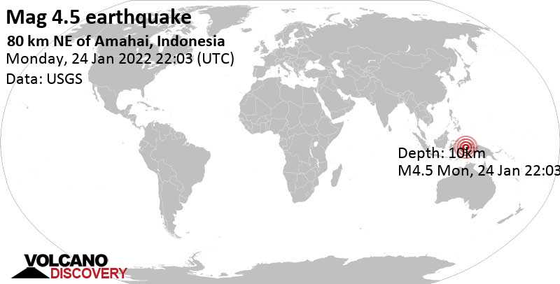 Moderate mag. 4.5 earthquake - Maluku, Indonesia, on Tuesday, Jan 25, 2022 at 7:03 am (GMT +9)