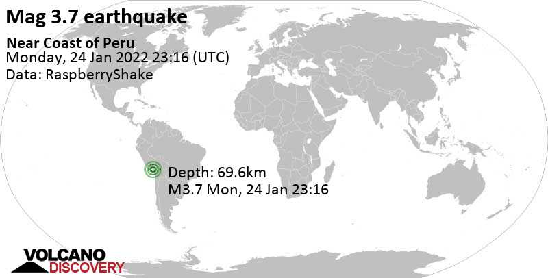 Weak mag. 3.7 earthquake - Tacna, Peru, on Monday, Jan 24, 2022 at 6:16 pm (GMT -5)