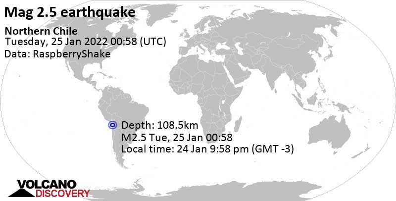 Minor mag. 2.5 earthquake - Tarapaca, Chile, on Monday, Jan 24, 2022 at 9:58 pm (GMT -3)
