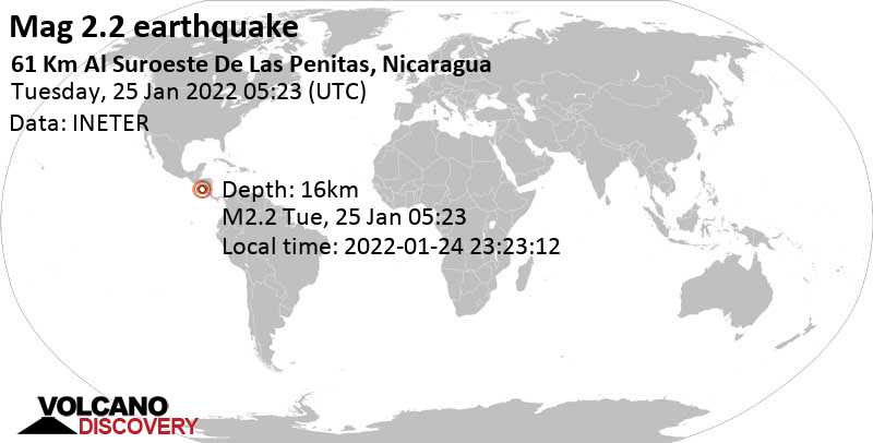 Minor mag. 2.4 earthquake - North Pacific Ocean, 106 km southwest of Managua, Nicaragua, on Monday, Jan 24, 2022 at 11:23 pm (GMT -6)