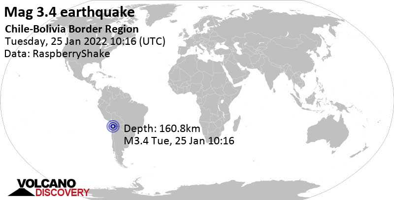 Minor mag. 3.4 earthquake - Tarapaca, Chile, on Tuesday, Jan 25, 2022 at 7:16 am (GMT -3)