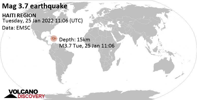 Light mag. 3.7 earthquake - Caribbean Sea, 108 km west of Port au Prince, Haiti, on Tuesday, Jan 25, 2022 at 6:06 am (GMT -5)