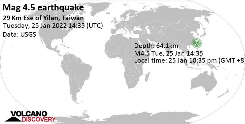Light mag. 4.5 earthquake - Philippine Sea, 66 km southeast of Taipei, Taiwan, on Tuesday, Jan 25, 2022 at 10:35 pm (GMT +8)