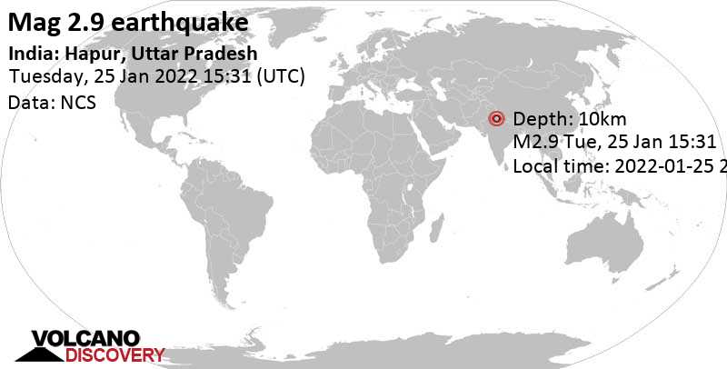 Слабое землетрясение маг. 2.9 - Уттар-Прадеш, 84 km к востоку от Нью-Дели, Индия, Вторник, 25 янв 2022 21:01 (GMT +5:30)