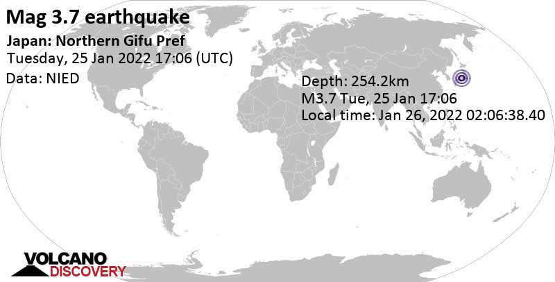 Sehr schwaches Beben Stärke 3.7 - Präfektur Gifu, 64 km westlich von Honshu , Japan, am Mittwoch, 26. Jan 2022 um 02:06 Lokalzeit