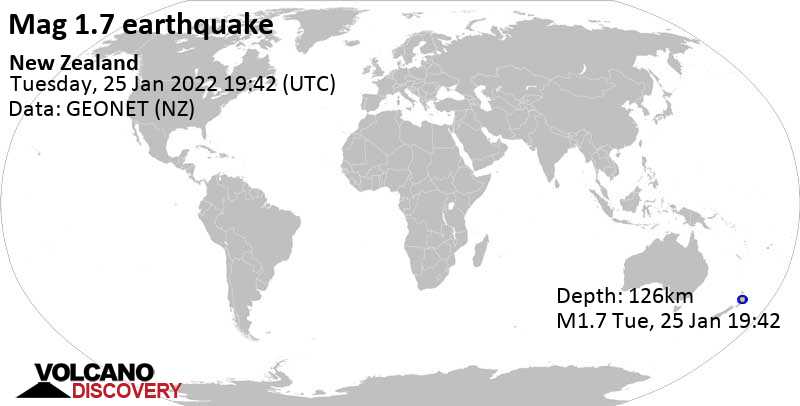 Sehr schwaches Beben Stärke 1.7 - 84 km südöstlich von Hamilton, Waikato, Neuseeland, am Mittwoch, 26. Jan 2022 um 08:42 Lokalzeit