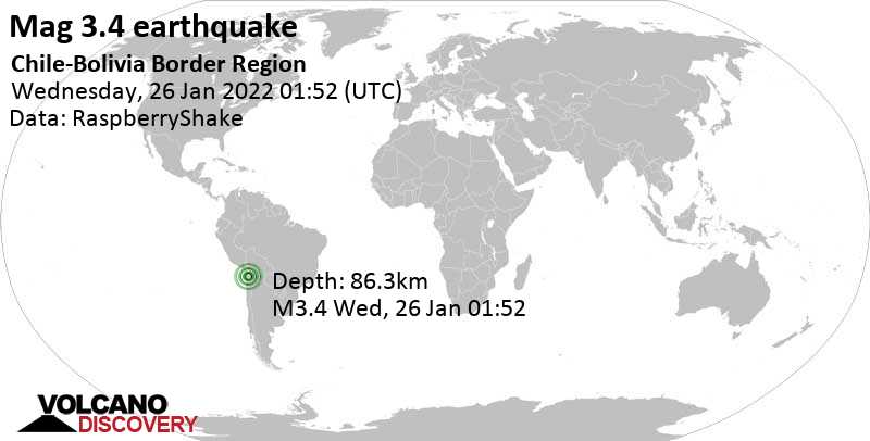 Μικρός σεισμός μεγέθους 3.4 - 130 km ανατολικά από Ικίκε, Provincia de Iquique, Tarapaca, Χιλή, Τρίτη, 25 Ιαν 2022 22:52 (GMT -3)