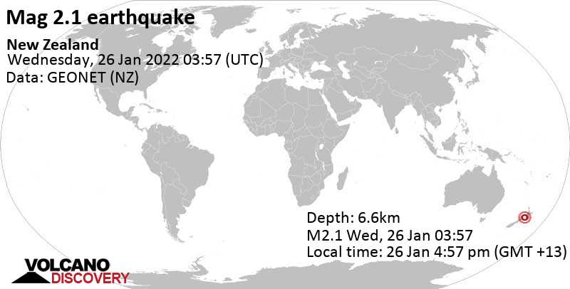 Schwaches Erdbeben Stärke 2.1 - Tasman Sea, 82 km nördlich von Wellington, Neuseeland, am Mittwoch, 26. Jan 2022 um 16:57 Lokalzeit