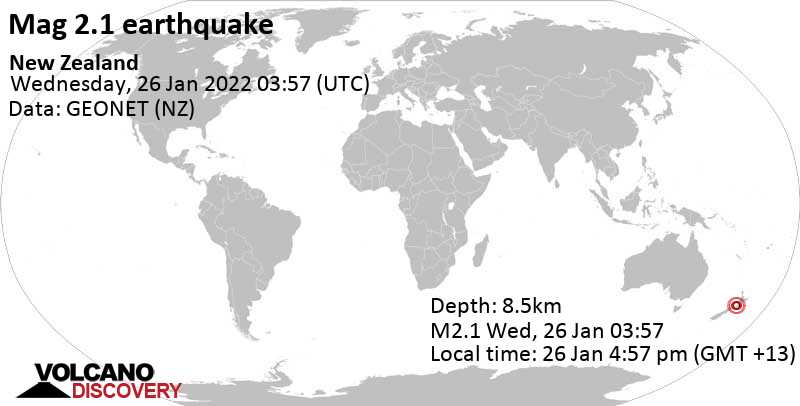 Schwaches Erdbeben Stärke 2.1 - Tasman Sea, 83 km nördlich von Wellington, Neuseeland, am Mittwoch, 26. Jan 2022 um 16:57 Lokalzeit